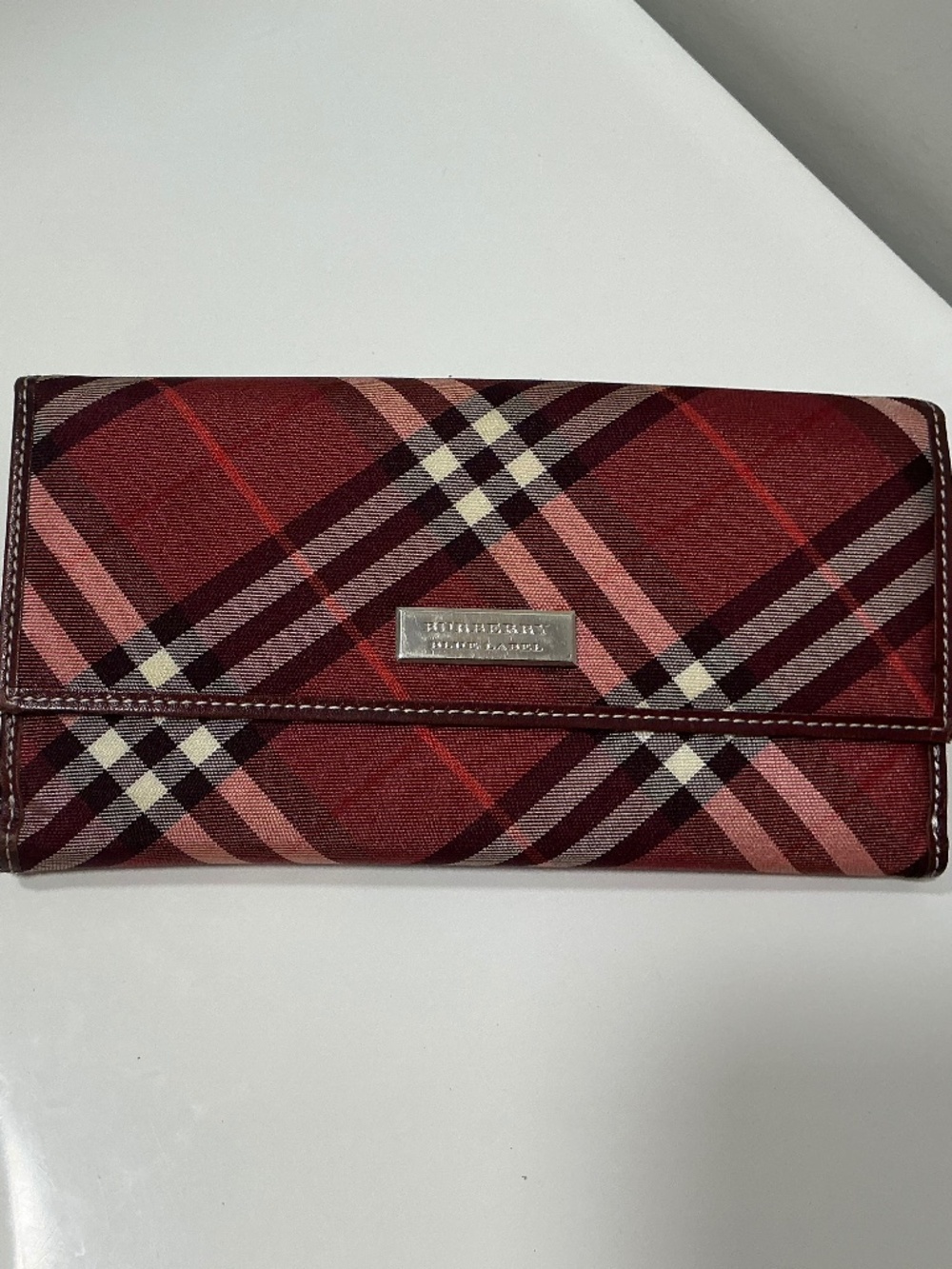 Burberry burgundy nova check nylon leather trim clutch wallet